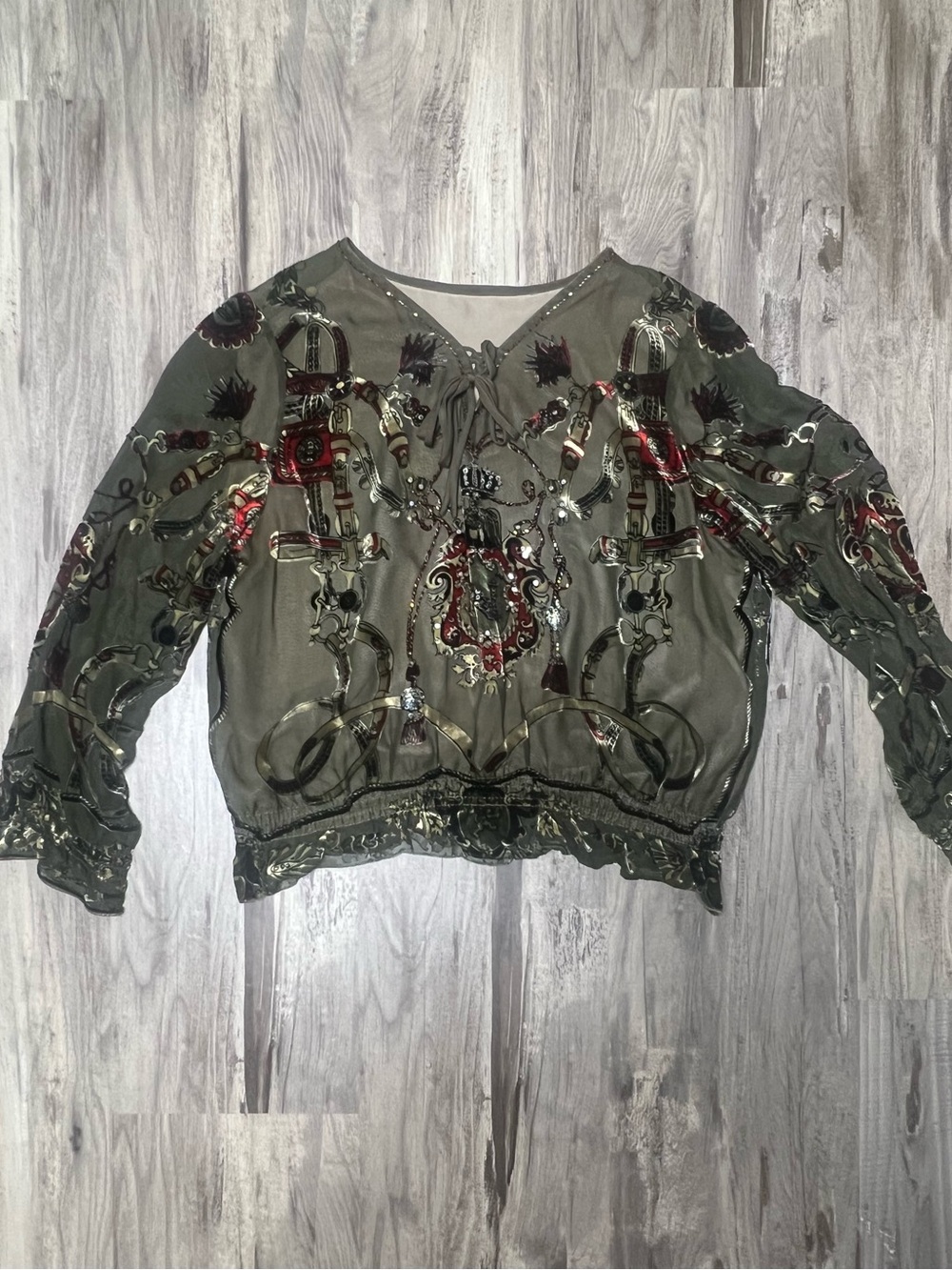 WORLD BOYA Silk Velvet Burnout Blouse Baroque Equestrian Crest Top US Medium